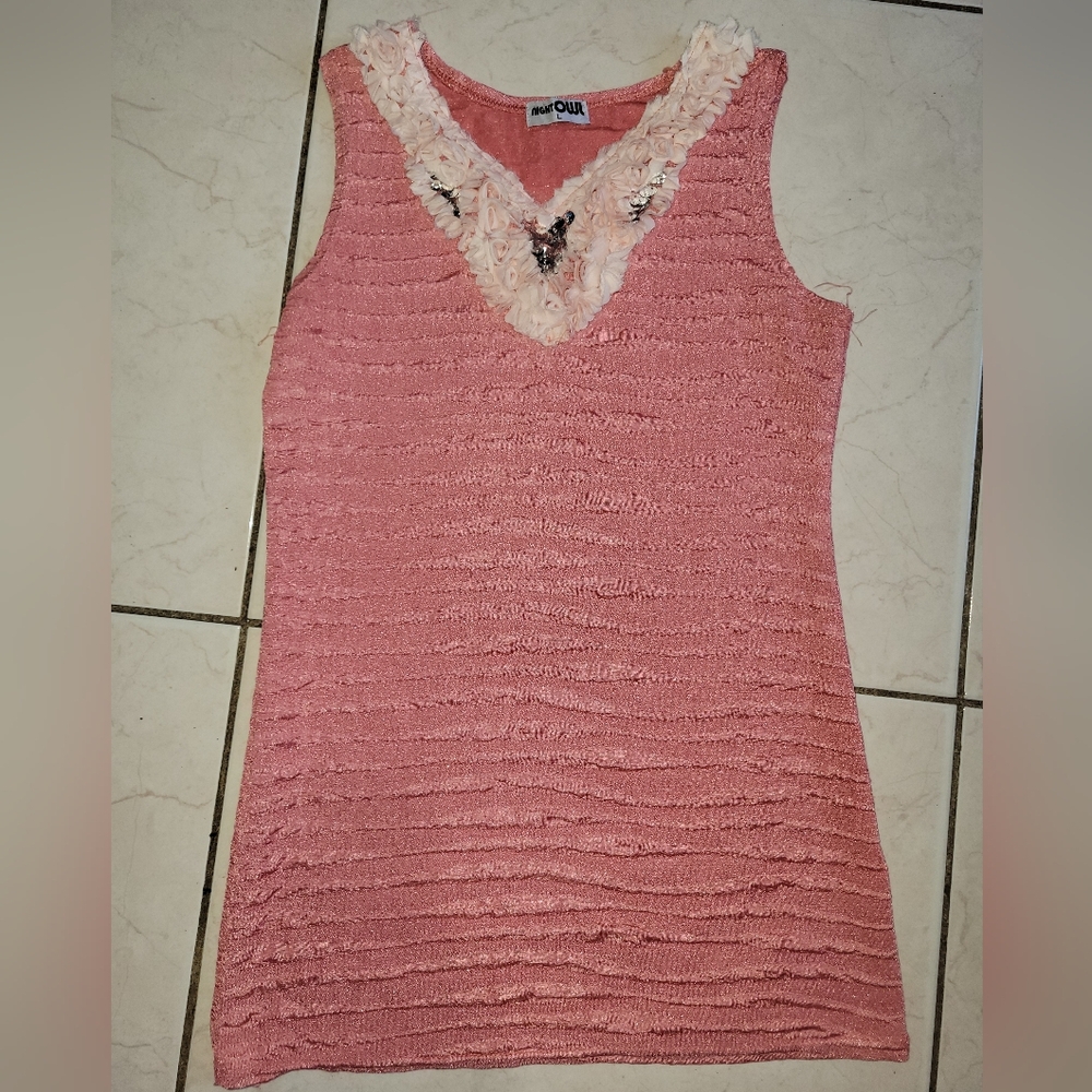 Pink Sleeveless Top with Floral Trim